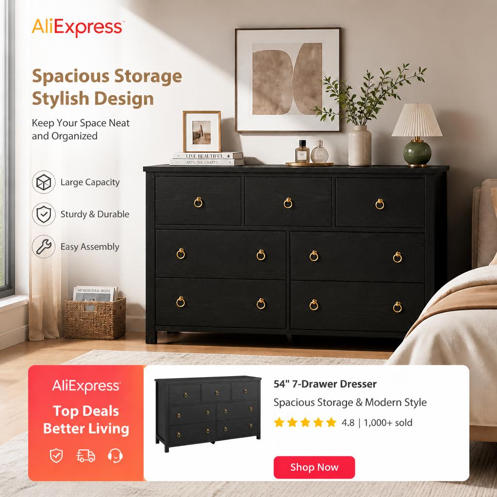 Bedroom Furniture - 7 Drawer Dresser for Bedroom, 54''