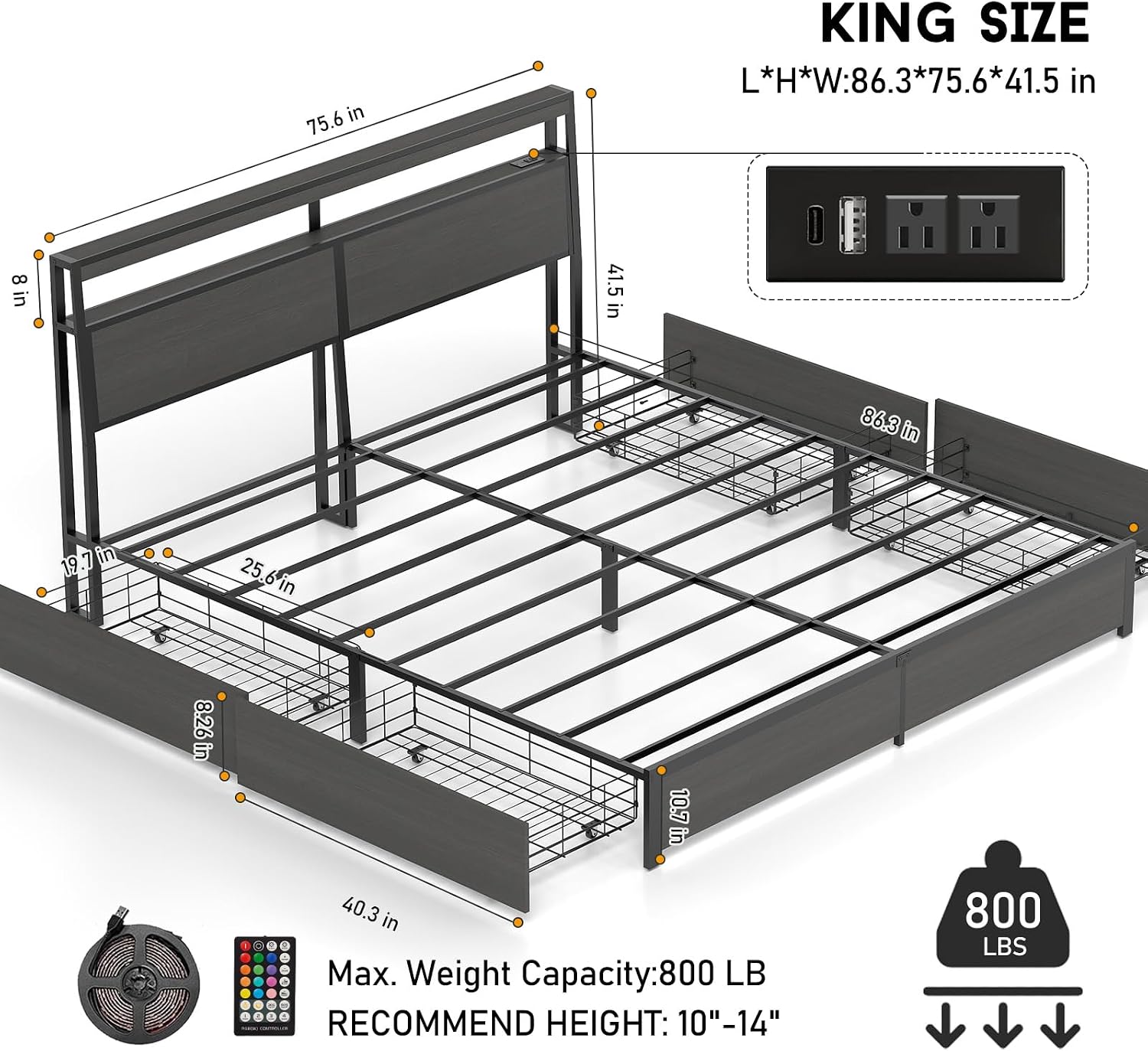 King Size Bed Frame with LED L - King Size Bed Frame With Storage Drawers review and price