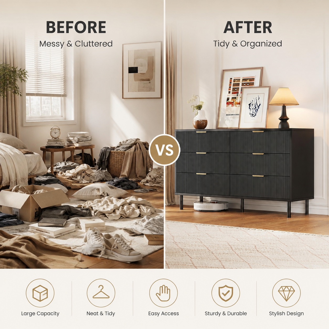 Fluted 6 Drawer Dresser with M - Bedroom Furniture review and price
