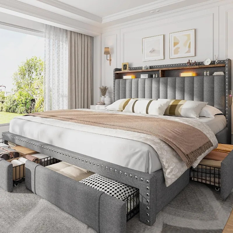 EnHomee Upholstered King Size  - King Size Bed Frame With Storage Drawers review and price