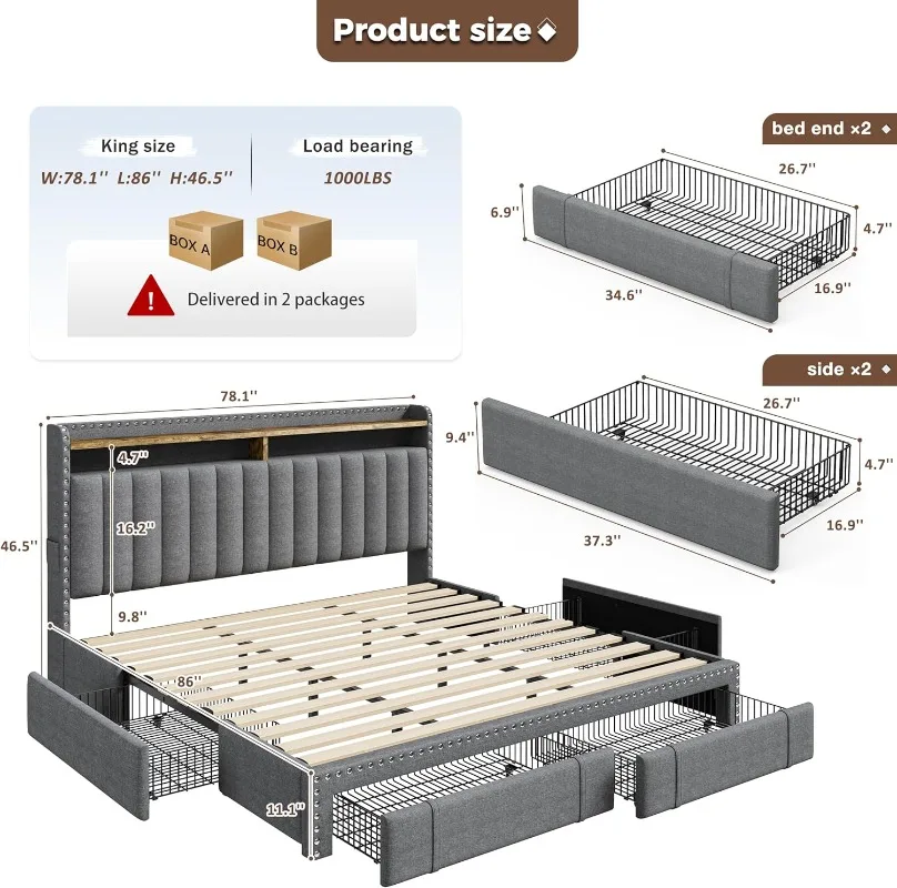 EnHomee Upholstered King Size  - King Size Bed Frame With Storage Drawers review and price