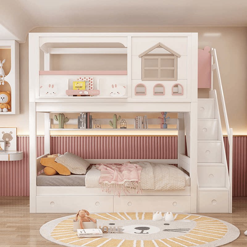 Modern Pink Solid Wood Kids Bu - Bunk Bed With Stairs And Slide review and price