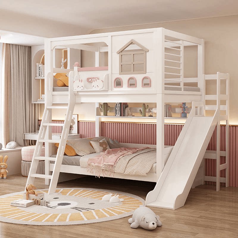Modern Pink Solid Wood Kids Bu - Bunk Bed With Stairs And Slide review and price